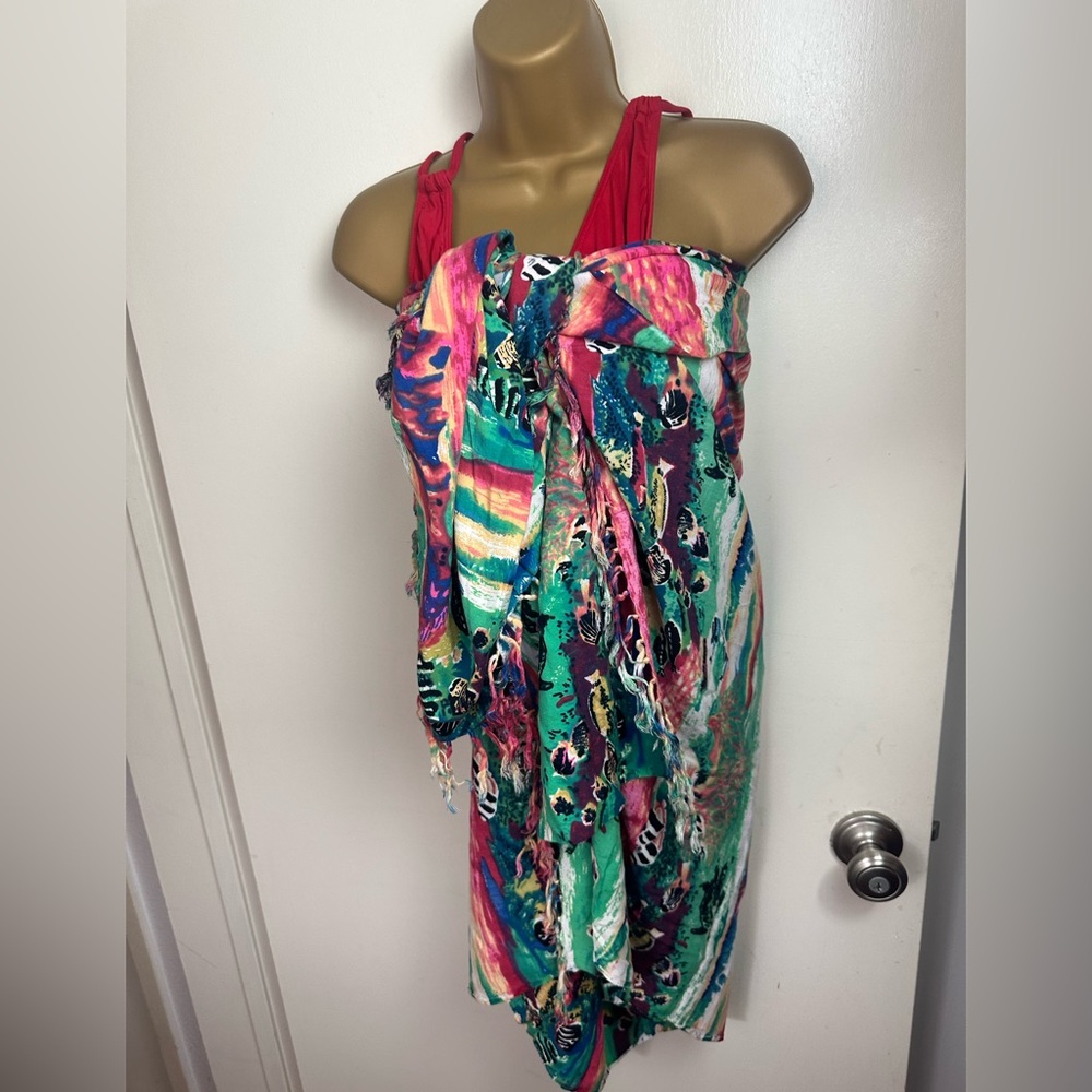 Multicolored Artsy Fish Coral Ocean Print Fringe Versatile Swim Cover-up Sarong